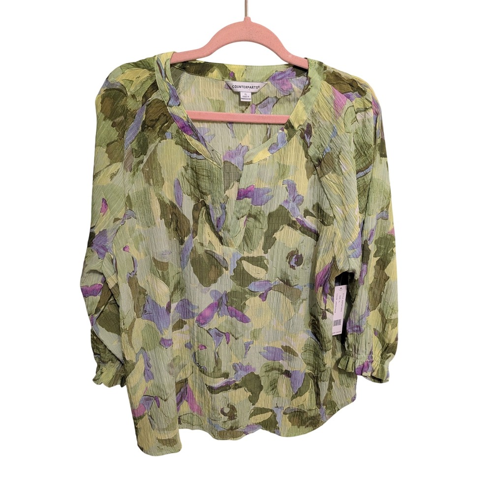 Counterparts Blouse XL Jardin Sage Floral Fairy Boho Flowy Top Ethereal Gauzy